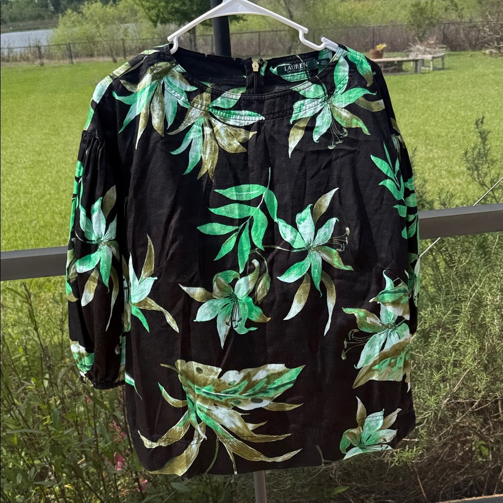 Lauren Ralph Lauren cotton 3/4 sleeve Black Blouse with Green Floral Print
